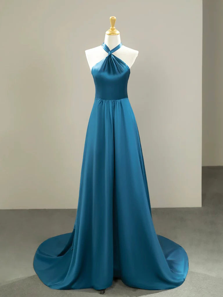 Wholesale Simple Satin Blue Long Prom Dress Blue Long Formal Dress gowns evening dresses 